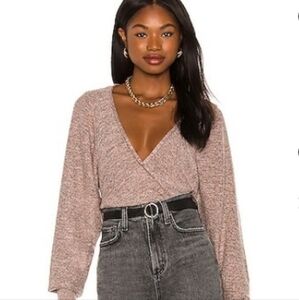 Free People Going For Rose Gold Metallic Sparkle Faux Wrap Long Sleeve Blouse, S